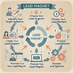 Infografik zur Erstellung effektiver Lead Magnets für Coaches und Berater. Schritte beinhalten Zielgruppenidentifikation, Auswahl des Lead Magnet Typs, Inhaltserstellung, Design, Promotion und Optimierung. Enthält Symbole für E-Books, Webinare, Checklisten, Quizzes und kostenlose Beratung.